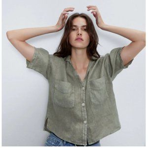ZARA Cropped Linen Shirt - XS - Light Khaki